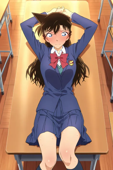 masterpiece,Best Quality,{{beautiful face and eyes}}, very detailed background,
 solo, Mouri Ran,long hair,brown hair,light blue eyes, classroom, desk, wooden floor,( lying, on back:1.2),arms up, kneehighs, red bow, school uniform, (embarrassed,blush:1.3),...