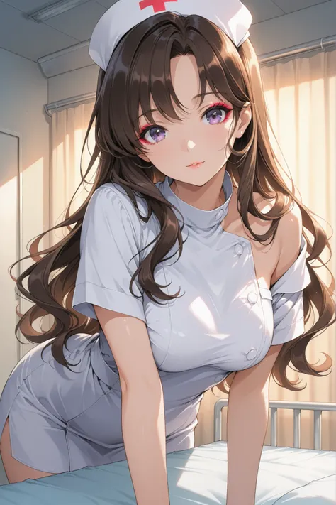 Elegant nurse in her late 30s, leaning over a hospital bed while checking vital signs, subtle makeup, wavy shoulder-length hair, warm ambient lighting