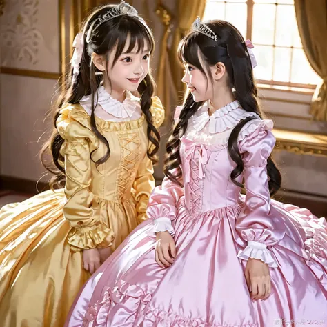 A composition that reflects the whole body to the feet,Two Princesses hot pink silk satin Victorian big Ball Gown Dress.(( Ten years old,Japanese little girls)),Cute face:1.0,Short body height:1.0,long Sleeves,puff Sleeves,frilled Sleeves,(((Frilled yoke c...