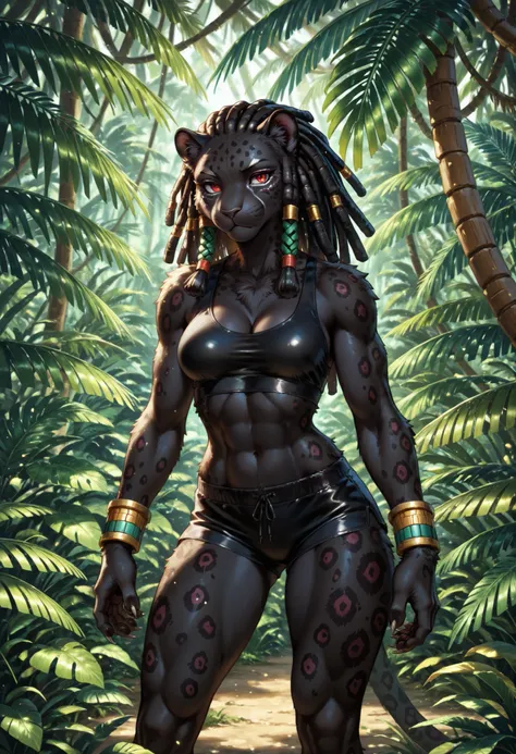 anthropomorphic panther-girl, aztec, furry, black body fur, panther ears, claws, athletic, with red eyes and black dreadlocks. Wearing black leather tanktop and hotpants. Background: Jungle., 