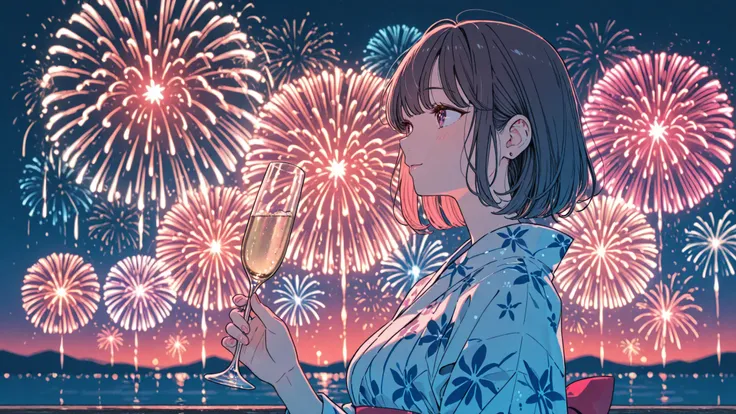 A beautiful woman wearing a yukata 、fireworks display、stylish illustration style、the woman faces here、I'm holding a champagne glass in my hand