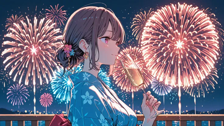A beautiful woman wearing a yukata 、fireworks display、stylish illustration style、the woman faces here、I'm holding a champagne glass in my hand