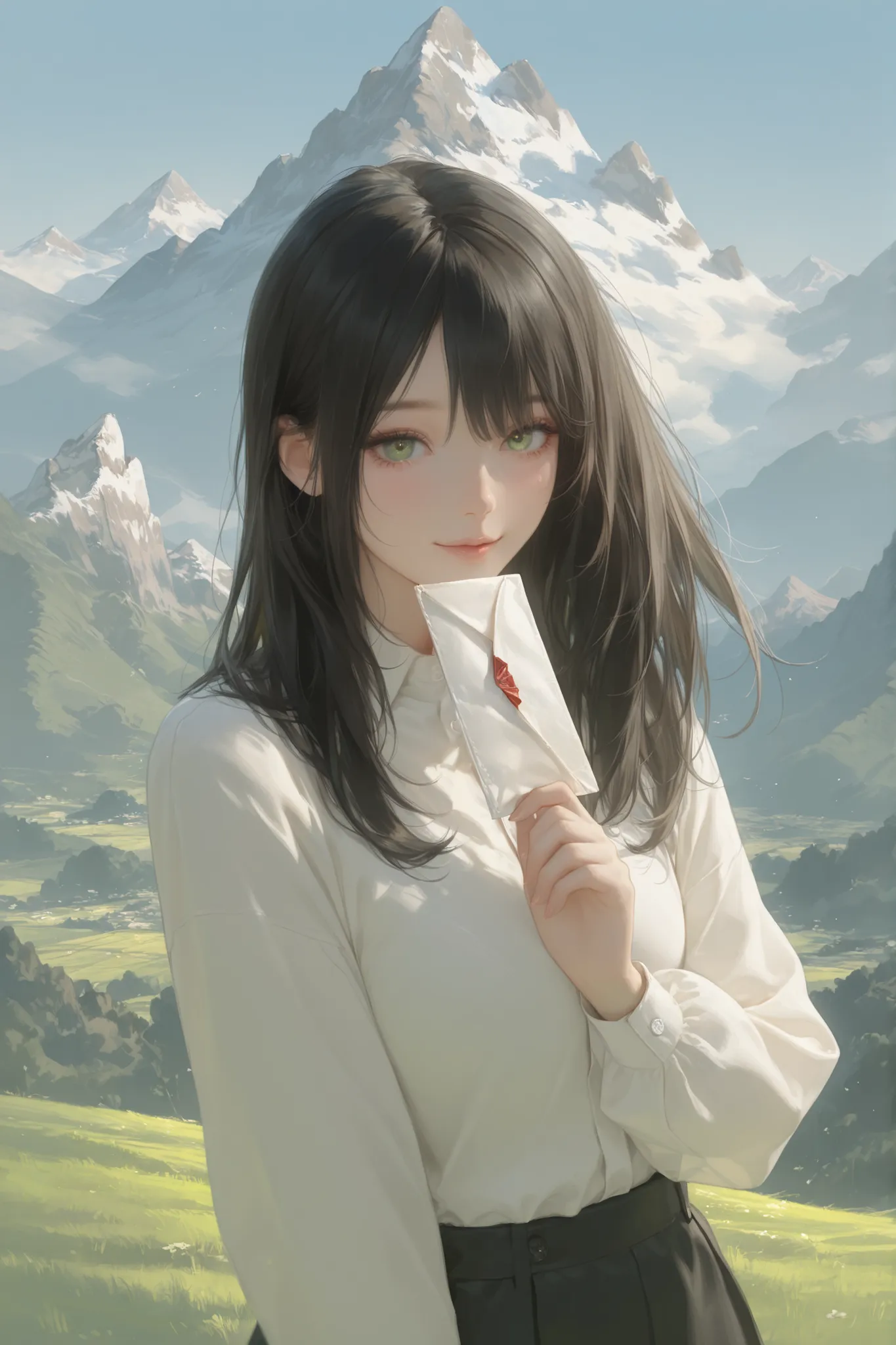 Dynamic perspective angle portrait shot, A digital art image shows the girl on mountain, long black hair, beautiful skin, bright green eyes, smiling with joy. She is about to received an envelope from the sky. Flying envelope.She wears a mountain clothes, ...