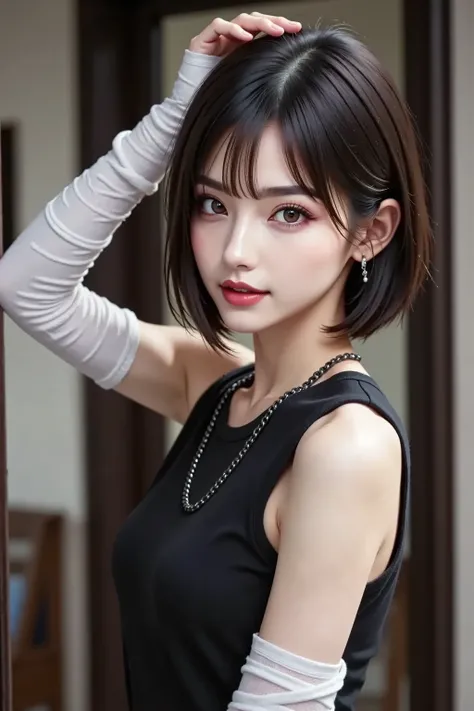 ((Shot from below 2.0)), ((I'm looking down from above with an eyepatch)) ,((Show me the palm of my left hand 2.0)) , ((looking down from above is bandaged from finger to elbow))Black Sleeveless Vest, Sleeveless Black Shirt,pants with black chains, ((to t...
