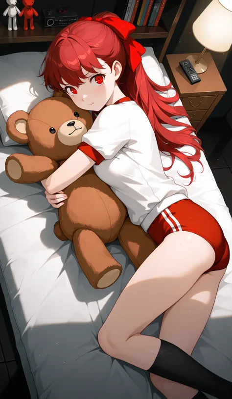 Warm color ,1 girl,Hug Teddy Bear,Black Socks,bending knees,A bright Japanese room,Volumetric Lighting,masterpiece,full shot,Watch viewers from above and from the side,beautiful red gradation eyes,seen from an angle,rich colors,Cinematic Lighting,My Room,s...