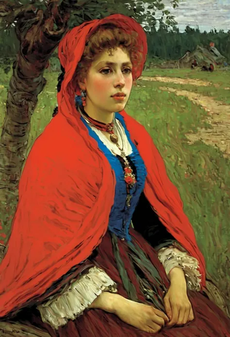 [portrait:Young girl,  blush,  in an elegant shawl :20] Rich landscape ,  Russian Village ,  Sitting on a birch tree bench ,
  Russian paraphernalia ,  improvisation ,  19th century , ((style: Ilya Repin )), hyperdetail,  Deep drawing of the , 
/red:0.2/bl...