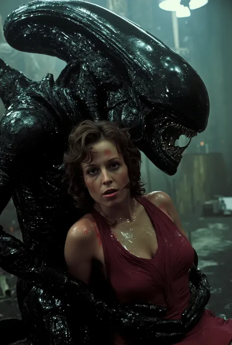 a massive xenomorph dick fuck unconscious Ellen Ripley pussy hard, Ellen Ripley is gunge all over her body and cum on her face