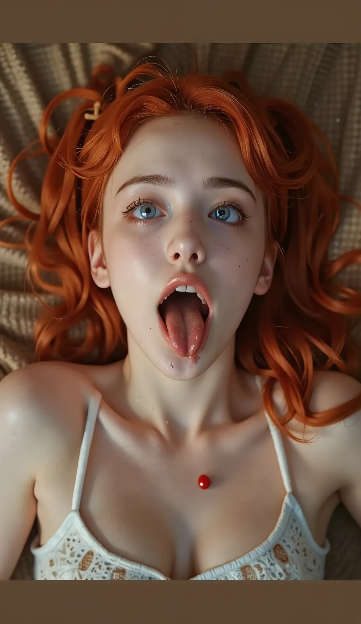 (cute 18yo Welsh girl's face and body by J. Scott Campbell and Chris Leib and Brad Kunkle:1.45), (redhead:1.15), ( horny face e:1.05), (big bright eyes:1.05),top down POV on the sitting on the floor with her mouth open, tits Out, topless, (((nice tits hang...