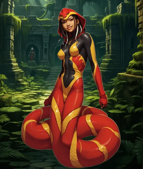 Slender body. Black/red/yellow snake-skin. Cute 18-year-old Asian naga/lamia with Asian red eyes and sharp teeth, a cobra hood, and dreadlocks with white highlights. She has a cute and beautiful face. She has a round and young face with a pointy chin. Her ...