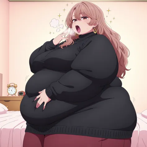 masterpiece, best quality, amazing quality,,1 girl, solo,  miyako saitou, saitou miyako, long hair, brown hair, brown eyes, hoop earrings, mature female, breasts, anime screencap, jewelry, earrings, sweater, turtleneck, black sweater,, smug, bedroom, alarm...