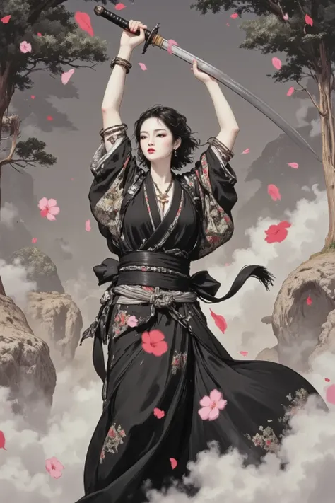 Illustrations drawn only in black and gray,I held up my sword、kimono,Crimson petals scattered underfoot,bird's-eye view、Aerial Views、dynamic depiction、Flowing air、Overall noise,Trees floating blurry in the background々Shadow、4K,high resolution,HDR,Extreme Detailed Description,Professional,bokeh effect,Dark Fantasy Scenes