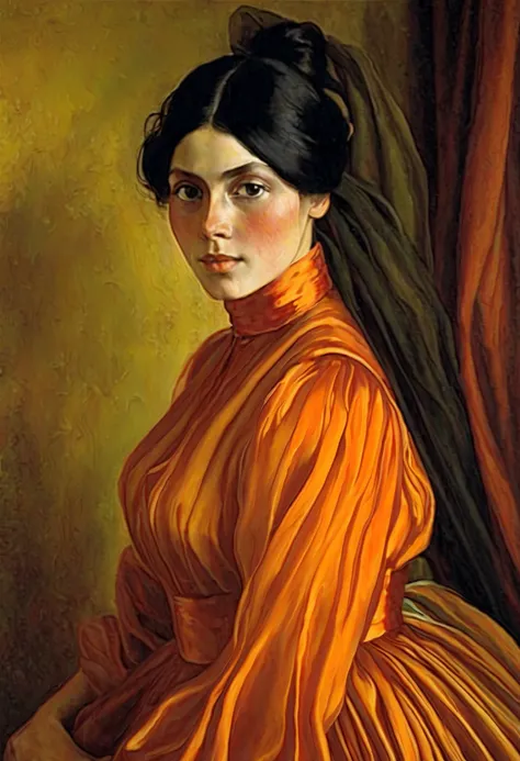 a young girl with a half-side with her head tilted back, with black hair styled, large expressive eyes, in a carrot satin dress with tulle triple sleeves 
(Zinaida Serebryakova style) aesthetically, a mysterious smile, looks at the observer ((Zinaida Sereb...
