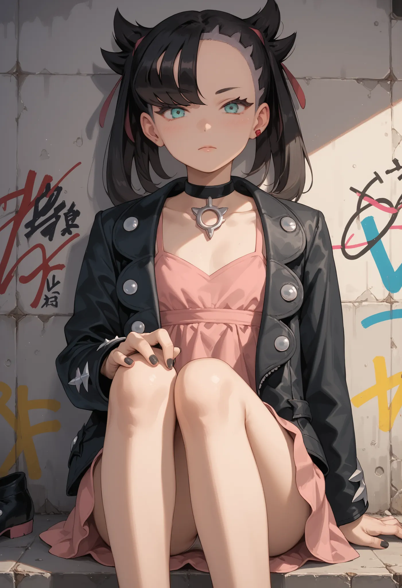 Score_9, score_8_up, score_7_up, score_6_up, source_anime, rating:general, 1girl, Marnie, black hair, twintails, perfect eyes,  aqua eyes, perfect face, pale white skin, flat chest, black jacket, short pink dress , slender build, slender legs, dirty alleyw...