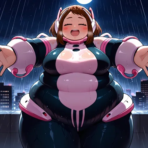 masterpiece, best quality, 1girl, solo, looking at viewer, urarak4, brown hair, short hair, blush stickers, , outdoors, rooftop, cityscape, building, (rain), , , cowboy shot, brown eyes, uravity_suit, pink armbands, multicolored bodysuit, headgear, pink co...