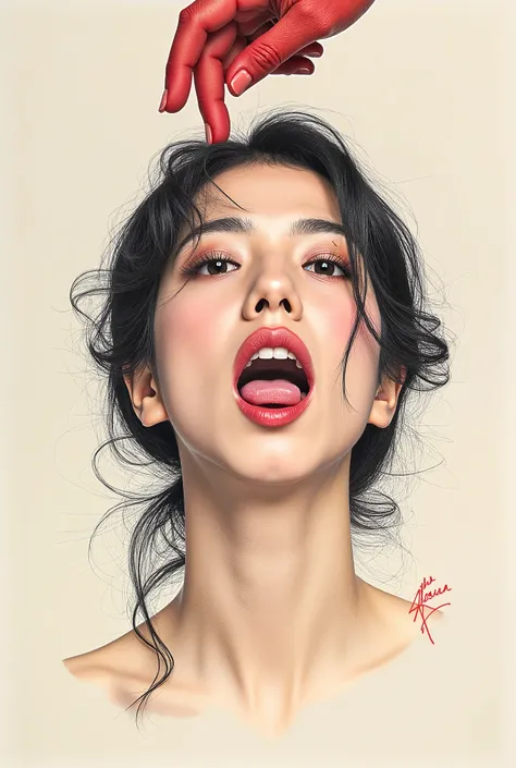 Drawing of A woman’s severed head in air by a red hand holding her hair, her tongue sticking out and eyes rolled back but open, a lusty expression on her face. 
