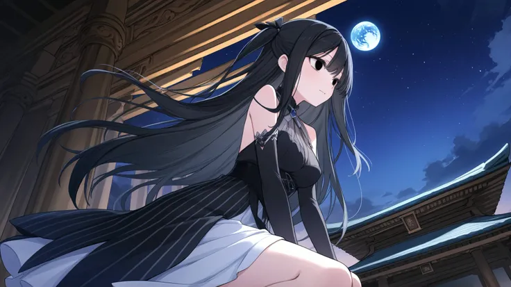 dress、In a temple with only columns、Mysterious illustration of the upper body of a dark-eyed woman with long black hair。I can see half of the Earth in the night sky。
