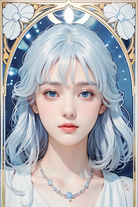 (Beautiful fair-skinned woman), (Gentle smile like a girl), Clear light blue eyes, (Long loosely curled white hair), Close-up, Portrait, (White shirt), (Slender figure), Small ice necklace, (Cold ice world), Entire building made of ice, Ice room, Small tra...