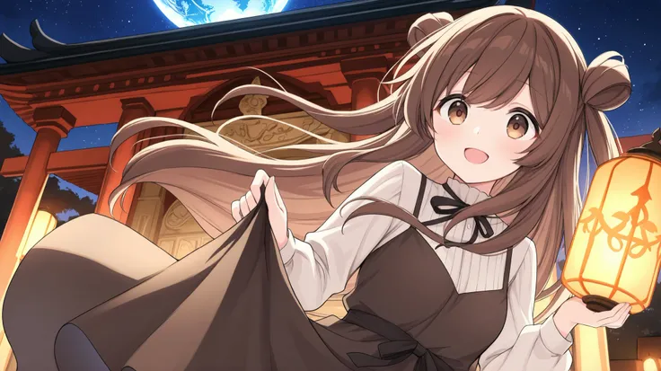 dress、In a temple with only columns、Mysterious illustration of the upper body of a brown-eyed woman with long hair and brown eyes with a brown perm。I can see half of the Earth in the night sky。