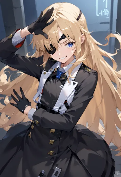 score_9, score_8_up, score_7_up, source_anime,dutch angle, absurdres,guillotineog_outfit, 1girl, eyepatch, flat-chested, solo, long hair,blue eyes, blonde hair, gloves, dress, shoes, black gloves, socks, uniform, black dress,upper body,grin,stylish pose,(R...