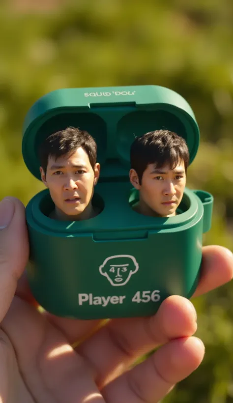 
A hyper-realistic close-up shot of a wireless earbud case held in natural sunlight. Inside the open case are two earbuds shaped like stylized Player 456 heads — matte plastic heads with simplified facial features, wavy dark hair, and the number 456 imprin...