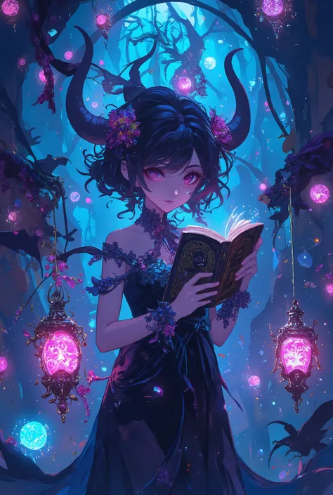 A devil's flower growing in the left eye, Girl Beautiful in a Velvety Dress, Seductive, в руке держит небольшую книгу заклинаний с вытянутыми немного листами из нее словно необузданная magic, gorgeous view of the bedroom In a residential area of, small lan...