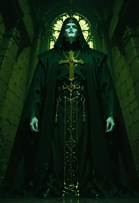 Priests of a sect, they wear a black cloak and hood, with inscriptions in gold on the edges, they have white skin, it is not possible to see their faces, they use a rustic and medieval lantern, rendered in the anime style 'vampire hunter d'blood lust' akir...