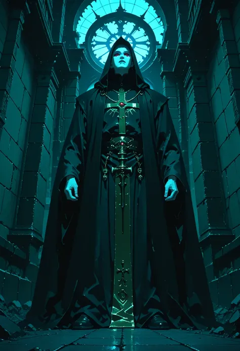 Priests of a sect, they wear a black cloak and hood, with inscriptions in gold on the edges, they have white skin, it is not possible to see their faces, they use a rustic and medieval lantern, rendered in the anime style 'vampire hunter d'blood lust' akir...