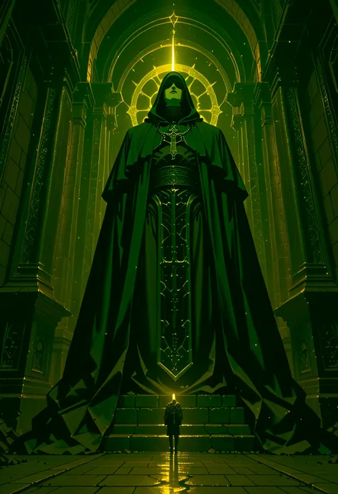 Priests of a sect, they wear a black cloak and hood, with inscriptions in gold on the edges, they have white skin, it is not possible to see their faces, they use a rustic and medieval lantern, rendered in the anime style 'vampire hunter d'blood lust' akir...