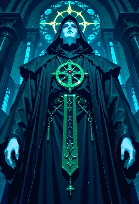 Priests of a sect, they wear a black hooded cloak, with gold inscriptions on the edges, they have white skin, it is not possible to see their faces, they use a rustic and medieval lantern, rendered in the anime style 'vampire hunter d blood lust' akira, an...