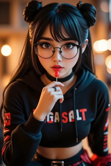 (masterpiece), best quality, expressive eyes, perfect face, ((Masterpiece, best quality)), edgQuality,bimbo,glossy, GothGal, a woman in a cropped hooded sweatshirt and leggings ,woman wearing a GothGal outfit,black hair in twin buns, golden eyes,sun-kissed...
