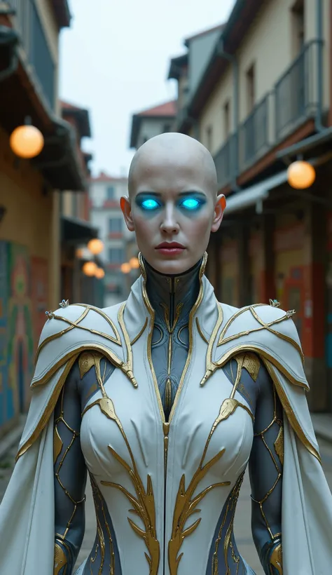  Eva Green The character in the image is a figure of appearance **Android or heavenly**, with a futuristic and enigmatic look. Ela tem **Suit**, **glowing eyes of blue light**, and it is  **careca**, with an asymmetric design on the scalp, reinforcing its ...