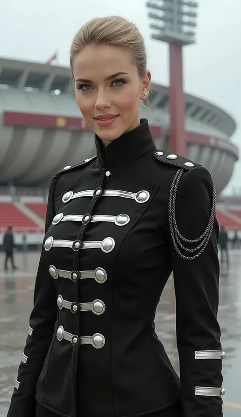 masterpiece, 8K HDR, ultra-detailed cinematic medium shot (waist to head) of a stunning female model in iconic black military jacket from "Welcome to the Black Parade" by My Chemical Romance, standing in front of Estadio Nacional del Perú, Lima. Jacket is ...