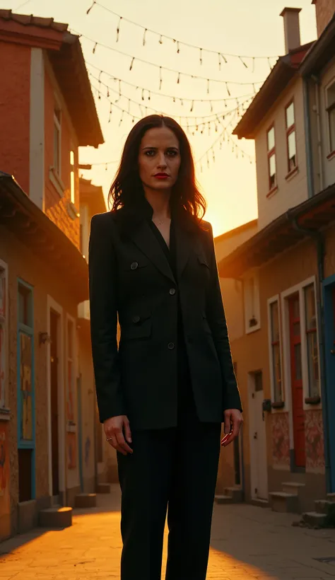 Eva Green in a hyperrealistic black suit on 20k Neighborhood Street with Graffiti and Market Lights
Simple houses, walls colored by street art, threads of light hanging from the high, smell of food In the air and sounds of a living city — human, real, vibr...