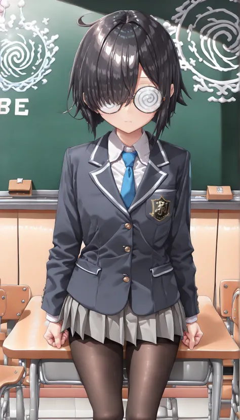 (masterpiece , best quality , high quality ,8k,) solo girl .jitome  round-glasses flat-chests. (black-short-bob-hair. :1.4) (blazer :1.4) skirt tights (hair over one eye, bangs, long bangs, :1.4) Coke-bottle glasses, (Swirl lens:1.1),holding-black-note mor...