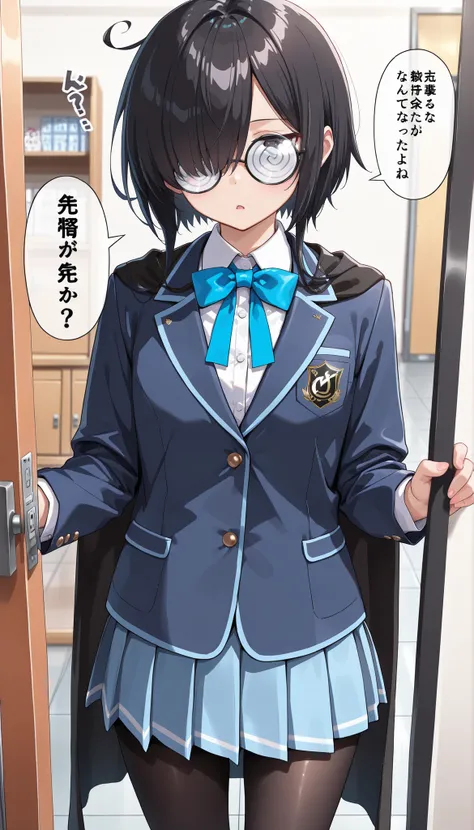 (masterpiece , best quality , high quality ,8k,) solo girl .jitome  round-glasses flat-chests. (black-short-bob-hair. :1.4) (blazer :1.4) cape.skirt tights (hair over one eye, bangs, long bangs, :1.4) Coke-bottle glasses, (Swirl lens:1.1),holding-black-not...