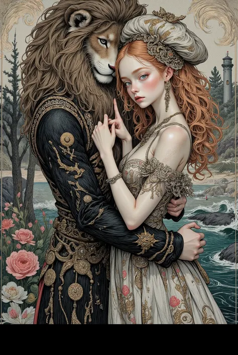 A beautiful asthenic girl hugs a large shaggy stylized lion, a long dress with long sleeves, rich intricate decor, a beret-like headdress, embroidery with gold and precious stones, cords, ribbons, stripes, beautiful stylized shapes and costume decor, many ...