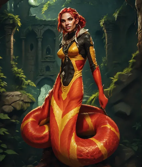 Curious expression. Horror. Humanoid snake. Beautiful anthro snake-girl. Slender naga body. Yellow/black/orange/red snake-skin. Cute Aztec/Indonesian 18-year-old Naga/Lamia-girl with big Asian red eyes and cobra-hood and unnaturally sharp teeth and dreadlo...