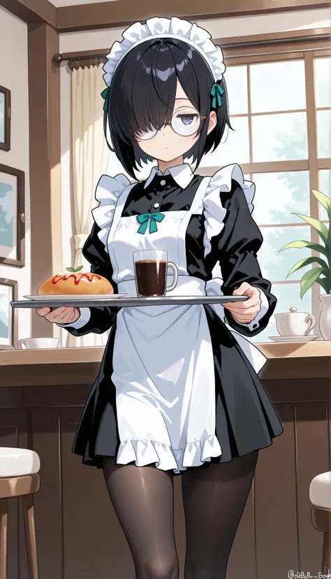 (masterpiece , best quality , high quality ,8k,) solo girl .jitome  round-glasses flat-chests. (black-short-bob-hair. :1.4) (maid-cloth :1.4) skirt. tights (hair over one eye, bangs, long bangs, :1.4) Coke-bottle glasses, (Swirl lens:1.1),holding-tray. mor...