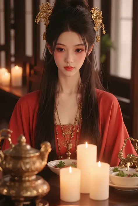 Beautiful girl with long hair wearing antique Chinese dress, big round eyes, famous nose, white skin, cute, sweet, wearing antique Chinese girl jewelry, she is sitting in a room with ancient Chinese utensils, lighting candles instead of using lights.