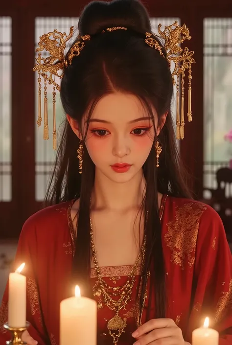 Beautiful girl with long hair wearing antique Chinese dress, big round eyes, famous nose, white skin, cute, sweet, wearing antique Chinese girl jewelry, she is sitting in a room with ancient Chinese utensils, lighting candles instead of using lights.