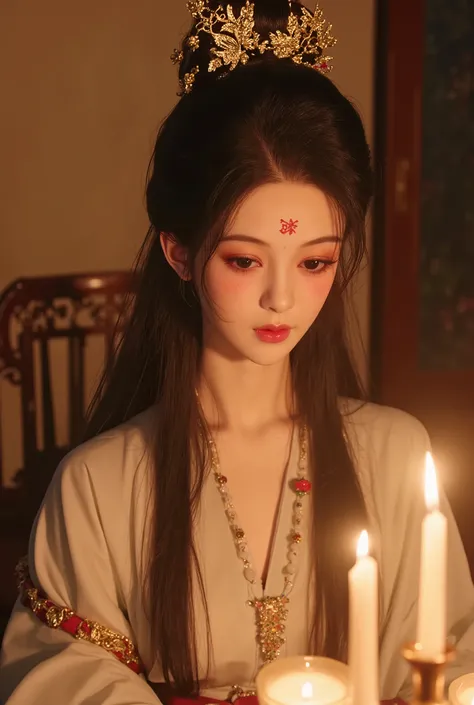 Beautiful girl with long hair wearing antique Chinese dress, big round eyes, famous nose, white skin, cute, sweet, wearing antique Chinese girl jewelry, she is sitting in a room with ancient Chinese utensils, lighting candles instead of using lights.