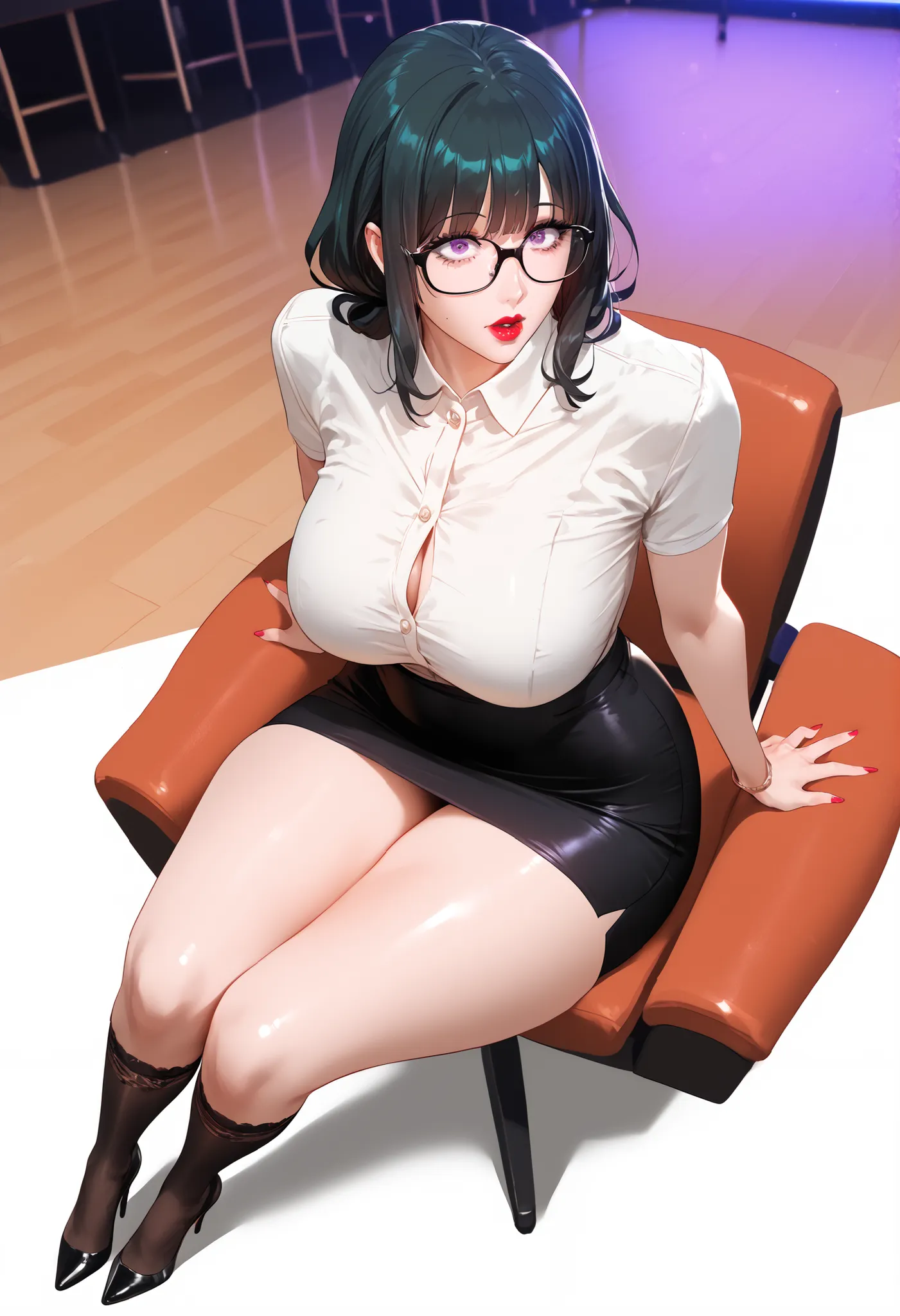 (Masterpiece, high resolution, high quality:1.2), Intricate details, Cinematic Lighting, Ambient Light Shielding, Risa Wakatsuki, 1 girl,  solo, mature female, Mature Woman, ((Full Body)) , sitting on a chair, watching the audience, Lustful face , make up,...