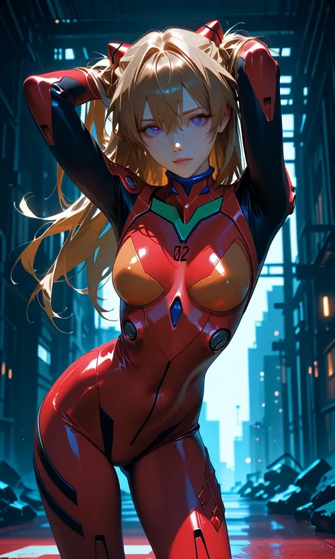 Beautiful and Breathtaking Illustrations, solo:2.0, from the front:1.21, beautiful Japanese women, dynamic pose, crouching, Put your hands on the ground , ((Evangelion)), (Soryu Asuka Langley), Put your hands on your hair, (Soryu Asuka Langley: Evangelion), (8k, top quality, masterpiece), (realistic, SUPER FINE CLEAR), Hang Your Bangs Long:1.5, realistic Light, long hair, skinny body, brown hair, dark purple eyes, long hair with cat ears, Soryu Asuka Langleyのプラグスーツ着用:1.6, cowboy shot, white pupils, ANATOMY ACCURATE RATIO, Tiny Head, flat chested:1.05, detailed depiction of skin, detailed clear eyes, erotic, Beautiful Lum, EvangelionのSoryu Asuka Langley, Cyberpunk cityscape with honeycomb pattern, the light shines on my face, Shines Like a Prism, stares at viewers, lens flare,
