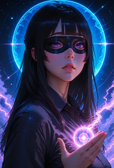 chuunibe, chuunibyou, magic circles, повязка на глазасложный chuunibe персонаж,detailed portrait of a young woman,Unique facial features,mysterious facial expression,a thoughtful look,melancholic pose,magic circles around,blindfold,atmospheric fantasy ligh...