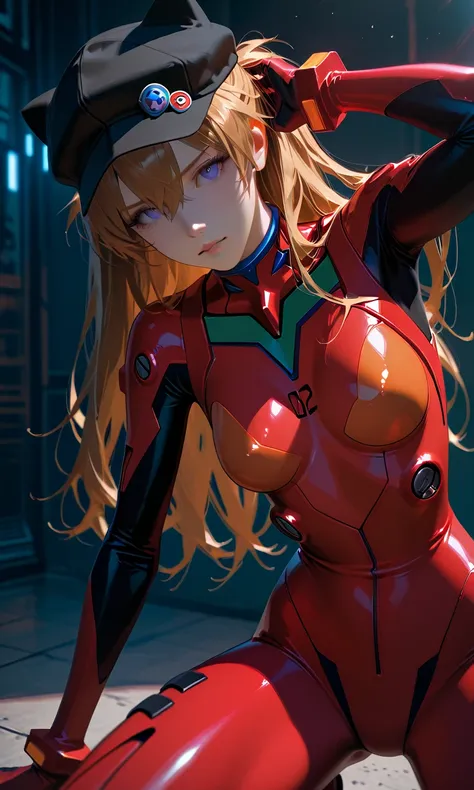 (top quality/最高masterpiece/high resolution)Beautiful Breathtaking Illustrations, solo:2.0, from the front:1.21, beautiful Japanese woman, dynamic pose, squatting, in serious hair put your hands on the ground , ((Evangelion)), (Soryu Asuka Langley), Put your hands on your hair, (Soryu Asuka Langley: Evangelion), (8k, top quality, masterpiece), (realistic, SUPER FINE CLEAR),  Long bangs :1.5, realistic Light, long hair, skinny body, brown hair, dark purple eyes, long hair with cat ears, Soryu Asuka Langleyのプラグスーツ着用:1.6, Cowboy Shot, white eyes, Accurate Human Anatomical Ratio, Tiny Head, flat chest:1.05, Detailed depiction of skin, detailed clear eyes, erotic, Beautiful Lamb, EvangelionのSoryu Asuka Langley, Cyberpunk Cityscape with Honeycomb Patterns, light shining on my face, Shining like a prism, stare at viewers wearing tennis hats, lens flare,(clear eyes/No Blur)
