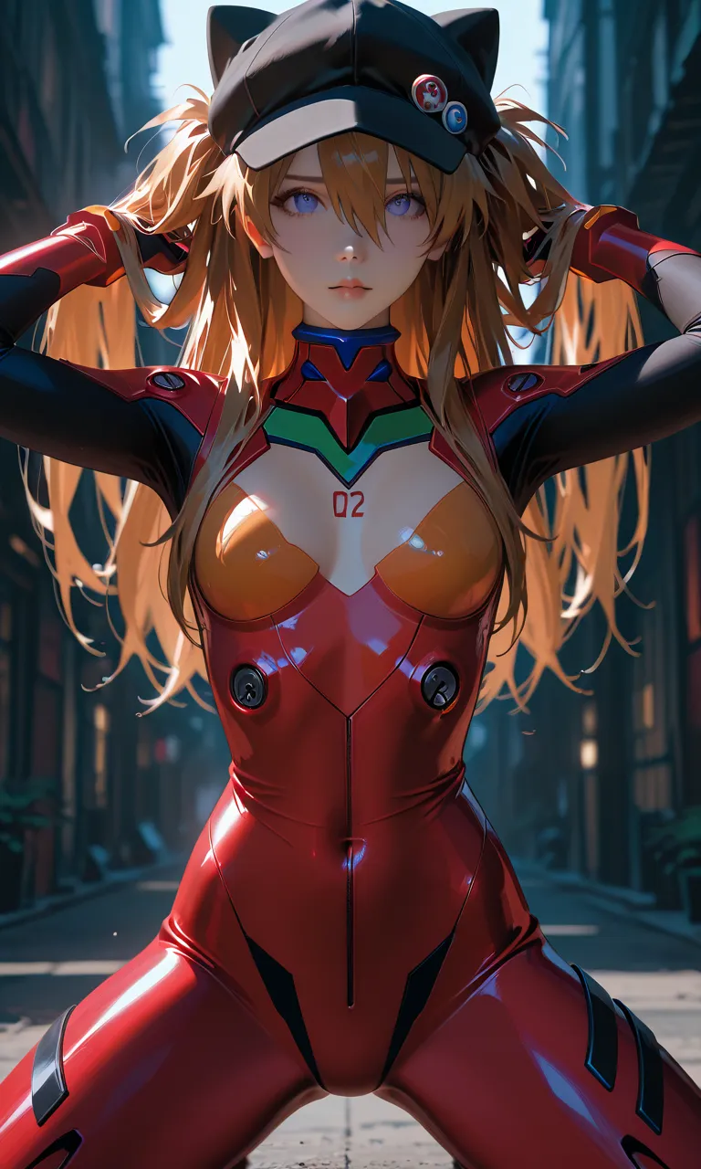 (top quality/最高masterpiece/high resolution)Beautiful Breathtaking Illustrations, solo:2.0, from the front:1.21, beautiful Japanese woman, dynamic pose, squatting, in serious hair put your hands on the ground , ((Evangelion)), (Soryu Asuka Langley), Put your hands on your hair, (Soryu Asuka Langley: Evangelion), (8k, top quality, masterpiece), (realistic, SUPER FINE CLEAR),  Long bangs :1.5, realistic Light, long hair, skinny body, brown hair, dark purple eyes, long hair with cat ears, Soryu Asuka Langleyのプラグスーツ着用:1.6, Cowboy Shot, white eyes, Accurate Human Anatomical Ratio, Tiny Head, flat chest:1.05, Detailed depiction of skin, detailed clear eyes, erotic, Beautiful Lamb, EvangelionのSoryu Asuka Langley, Cyberpunk Cityscape with Honeycomb Patterns, light shining on my face, Shining like a prism, stare at viewers wearing tennis hats, lens flare,(clear eyes/No Blur)
