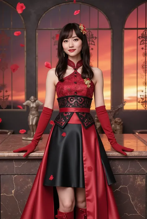A hyper-realistic portrait of a stunningly beautiful Japanese idol girl with a slender figure and semi-long wavy black hair with crimson highlights, styled in a half-up hairdo adorned with a burning-feather shaped pin and a crimson rose hairpiece. She wear...