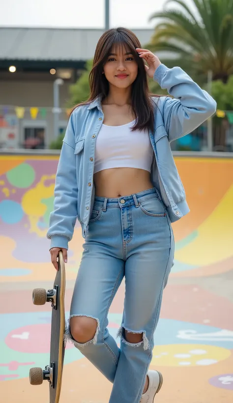 Photo of a beautiful Indonesian woman, who is skateboarding in an energetic afternoon posing cool with her skateboard in a colorful skate rink. She is wearing a white crop top, an open denim jacket, ripped blue jeans, and classic skate shoes. The skate rin...