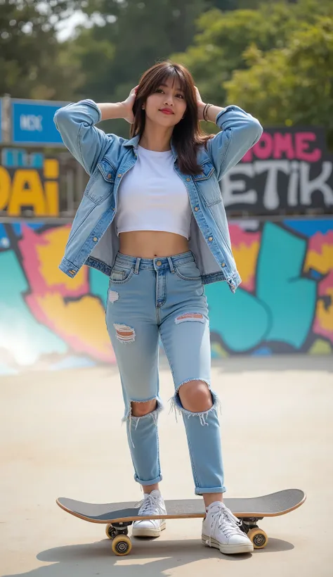 Photo of a beautiful Indonesian woman, who is skateboarding in an energetic afternoon posing cool with her skateboard in a colorful skate rink. She is wearing a white crop top, an open denim jacket, ripped blue jeans, and classic skate shoes. The skate rin...