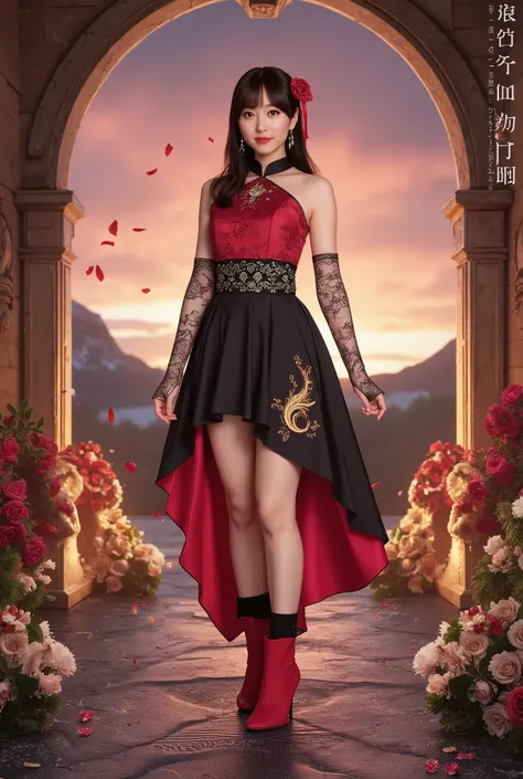 A hyper-realistic portrait of a stunningly beautiful Japanese idol girl with a slender figure and semi-long wavy black hair with crimson highlights, styled in a half-up hairdo adorned with a burning-feather shaped pin and a crimson rose hairpiece. She wear...